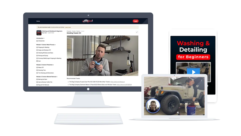 Image of Washing and Detailing for Beginners Video Course on a Desktop Monitor, Tablet, and Laptop.